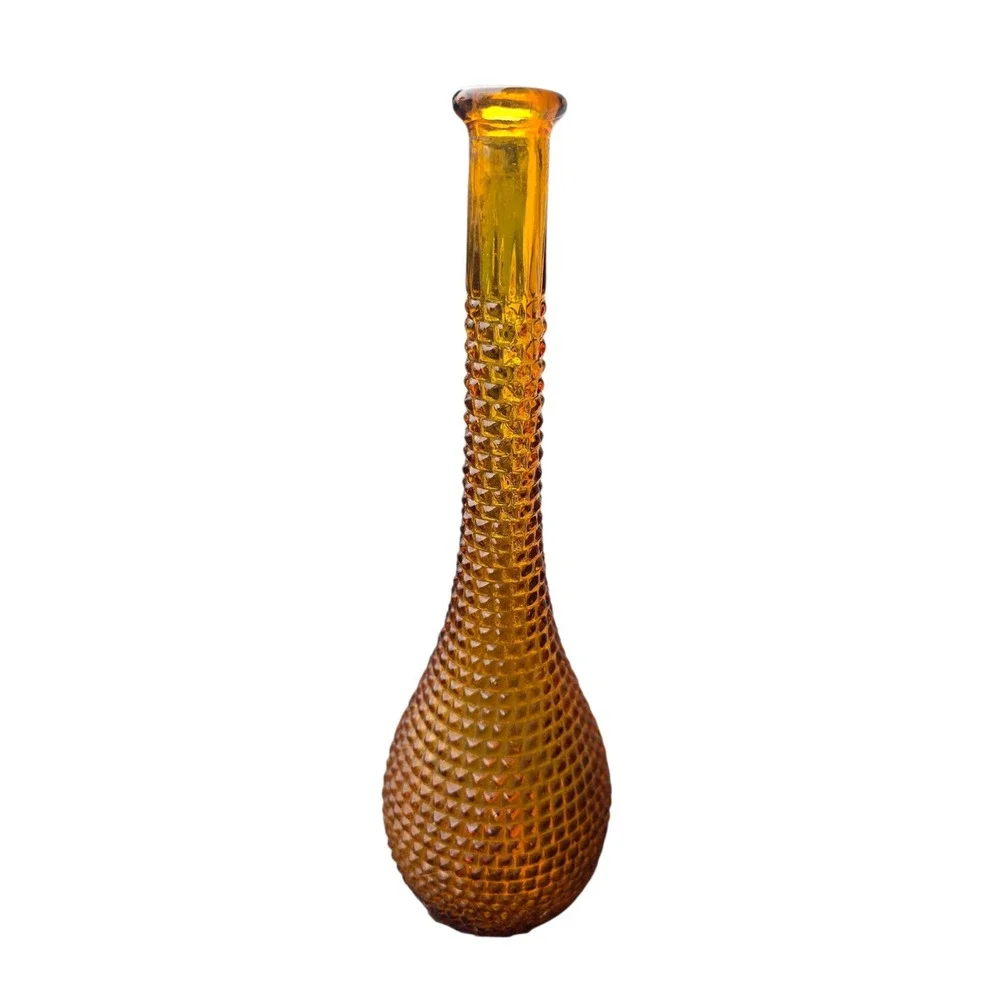 Amber Glass Genie Bottle Vase Diamond Point Hobnail Mid Century Modern 16in